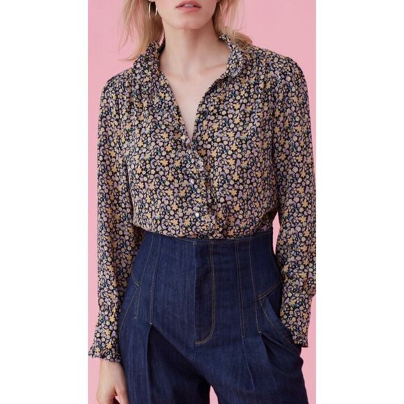 Rebecca Taylor 100% Silk Long Sleeve Mini Floral Top Multicolor Womens Size 12 - Picture 1 of 13